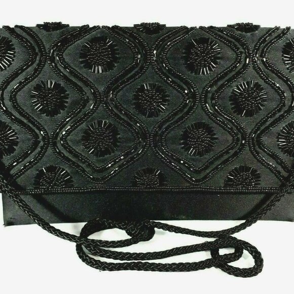 Carla Marchi Evening Purse/Clutch Black Satin Crossbody Hand-Beaded - Picture 3 of 10